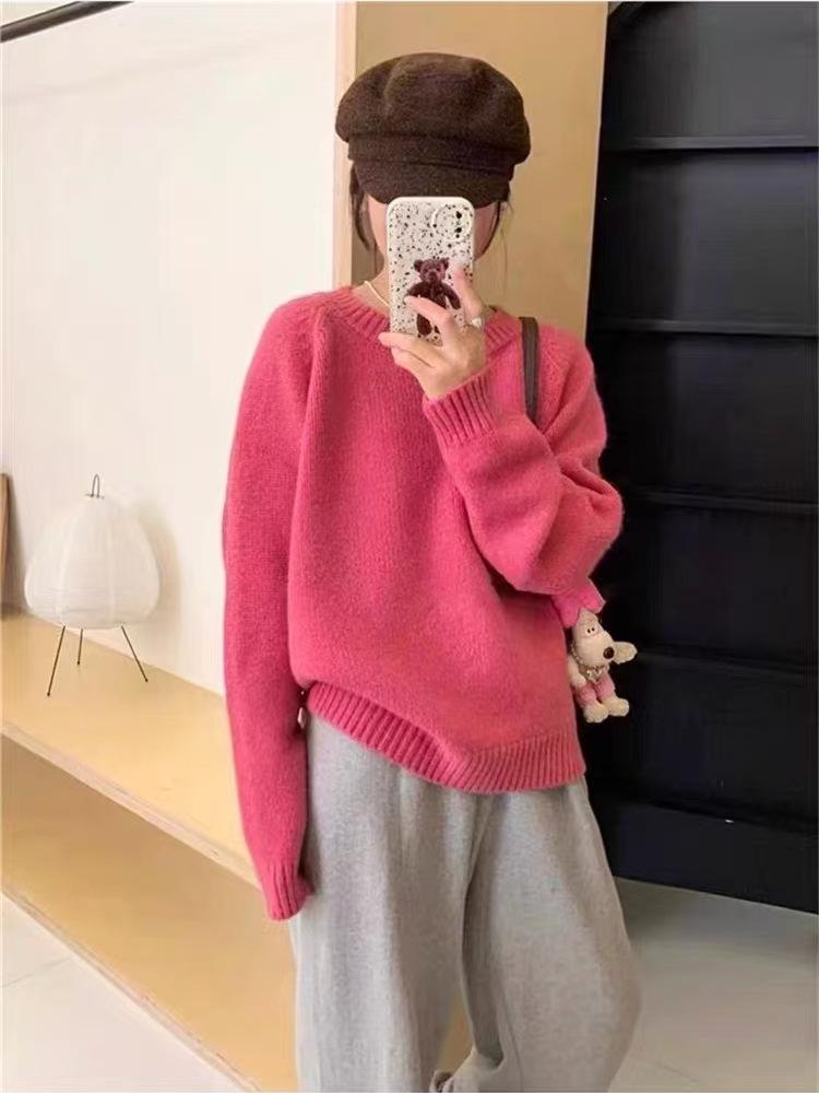 Dopamine Color Loose Fit Round Neck Sweater - Women's Casual Warm Long Sleeve Top for Autumn/Winter