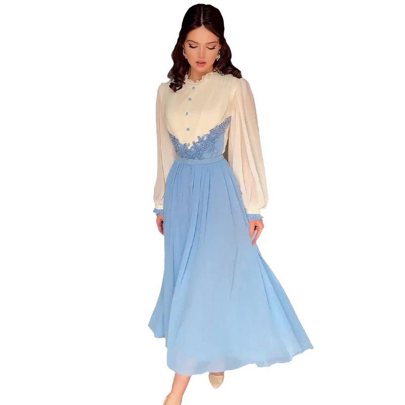 Rochie Lungă Elegantă cu Blocuri de Culoare pentru Femei Europene și Americane, Toamna 2024