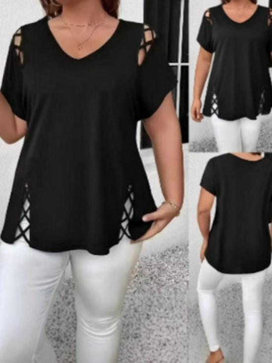 

2025 Spring/Summer V-Neck Shoulder Cutout Fitted T-Shirt 1XL чёрный