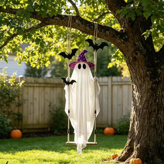 Gruselige Halloween-Außendekorationen Schwingender Geister-Hängeornament mit LED-Lichterkette zur Dekoration, Verstellbare Dekoration Süßes oder Saures Leuchtendes Ornament