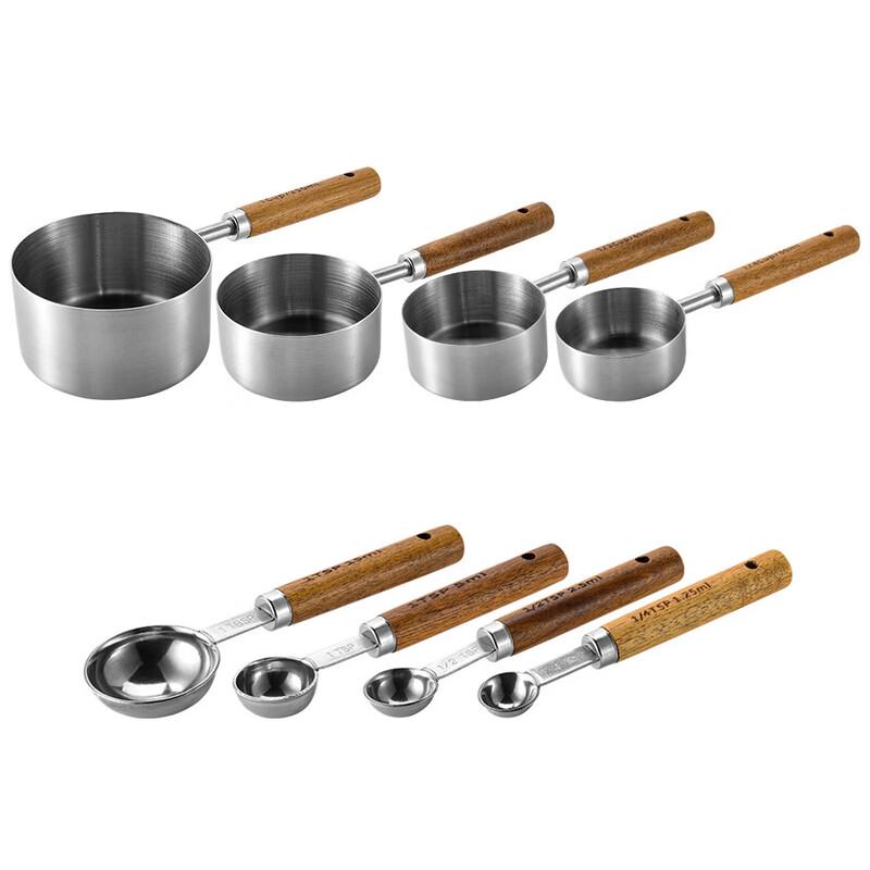Stainless Steel Measuring Set with Wood Handles and Gold Accents