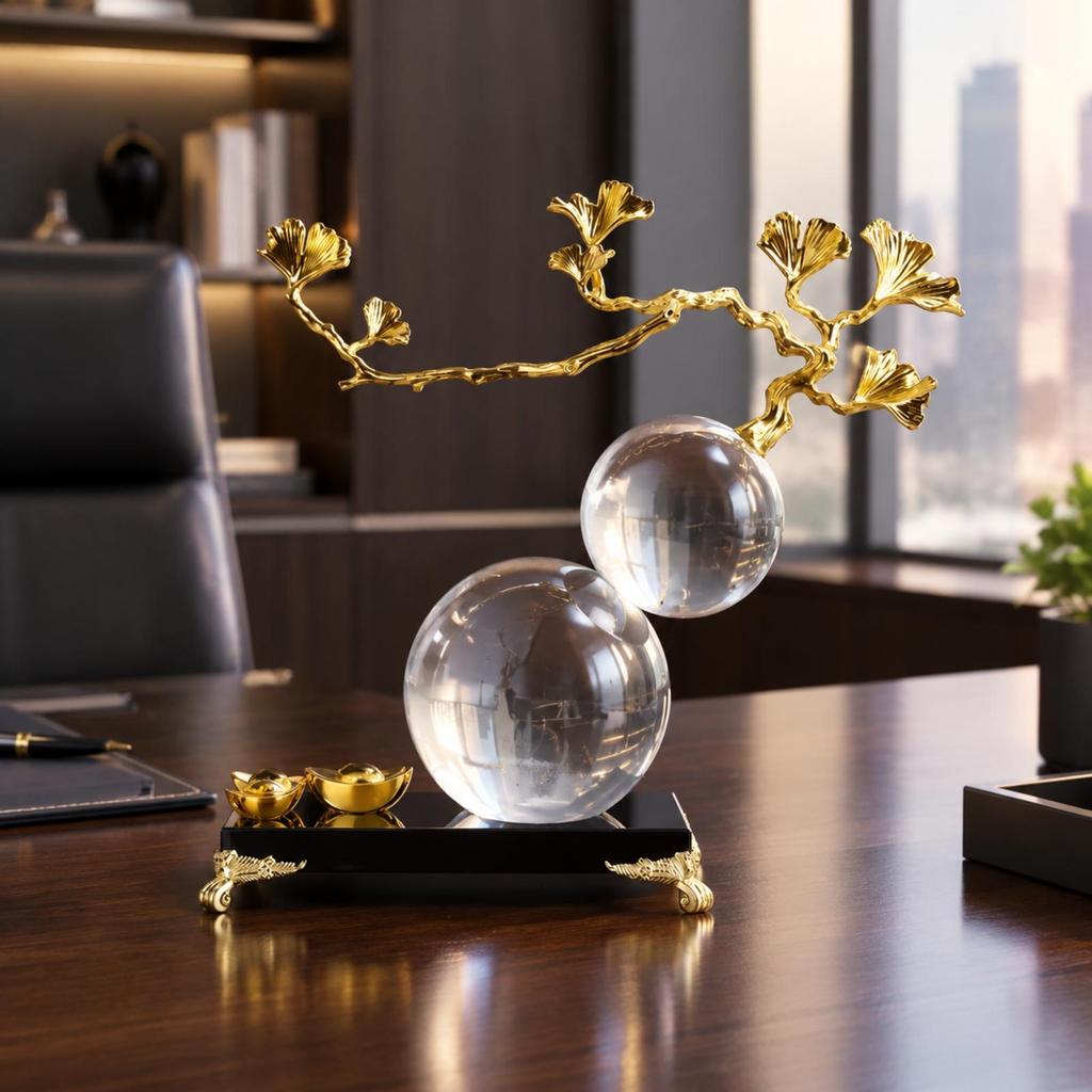Crystal and Alloy Ornament Elegant Tone Ginkgo Sculpture with Base Refined for Office Desk, Console