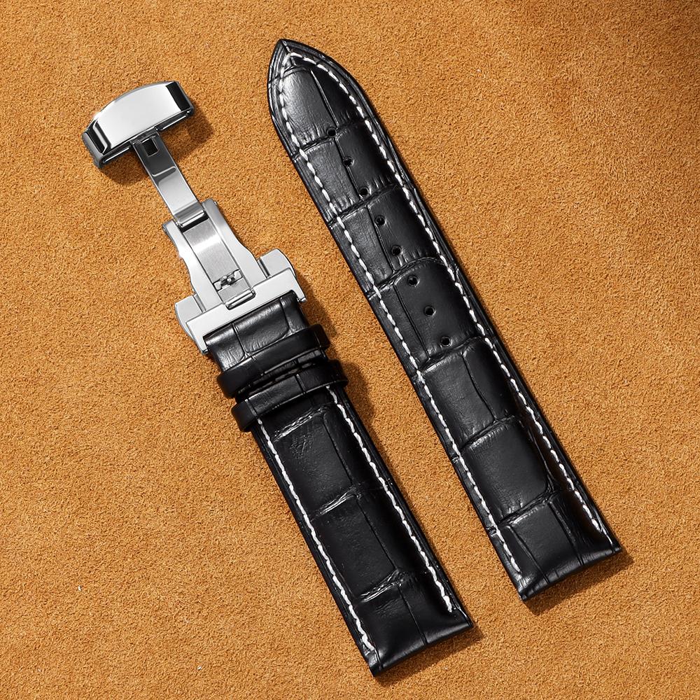 Business Casual Black Brown Genuine Calfskin Leather Watch band Strap Butterfly Buckle Crocodile Pattern Bracelet 18 20 22 24mm