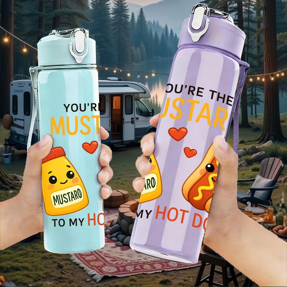 1PC Mustard Hot Dog Funny Text 750ml Color Plastic Sports Water Bottle Leakproof Flip Straw Lid Suitable for Sports Office Home Use