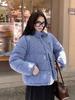 Blue plaid stand-up collar warm short down cotton-padded clothes for women, loose and thickened plaid cotton-padded jackets in winter