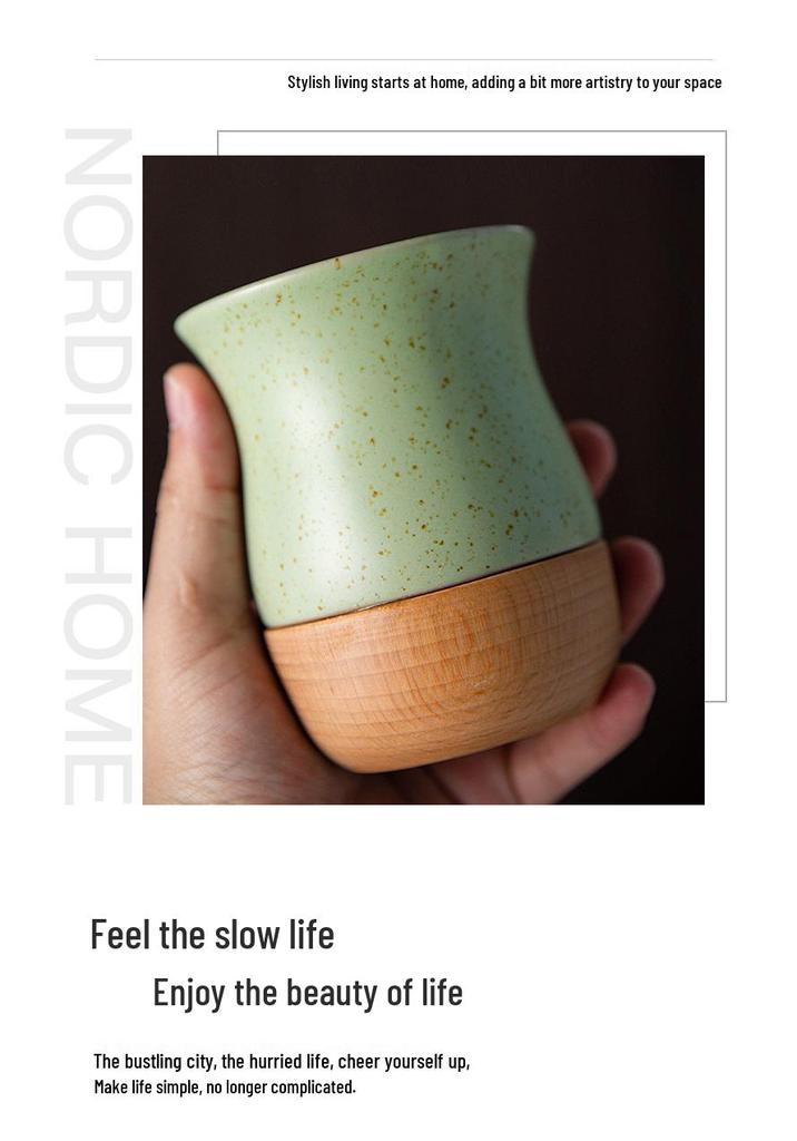 Vintage Coarse Pottery Ceramic Espresso Cup with Wooden Base, Personal Water & Tea Mug for Office