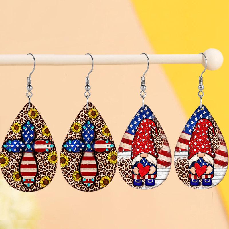 Vintage American Flag Cross Sunflower PU Earrings for Women , Independence Day Gnome Hold Red Love Water Drop Earrings,