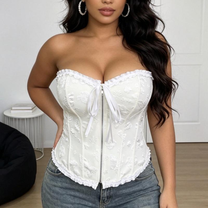 Plus Size White Front Zip Corset Bustier Top With Boning For Women