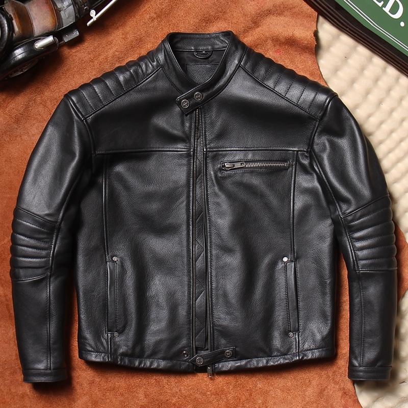 Vintage Biker Leather Jacket Mens Real Cowhide Slim Fit Stand Collar Retro Distressed Coat