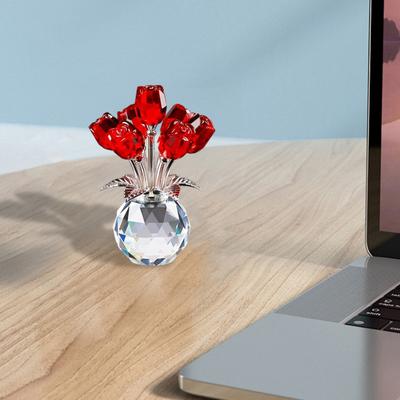 Faux Crystal Rose Flower Ornament Handmade Bouquet Figurine Mini Flower Vase Decoration Wife Girlfriend Women Wedding Anniversary Birthday Gift