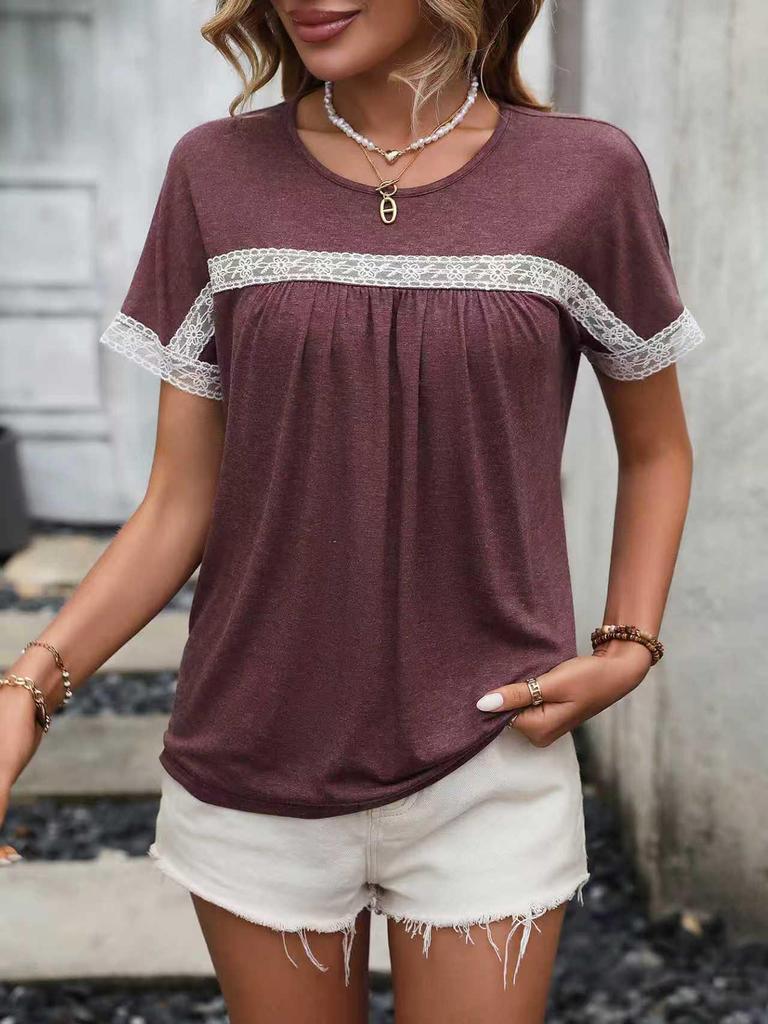 Spring/Summer 2026 Women's Round Neck Lace Patchwork Short Sleeve T-shirt
