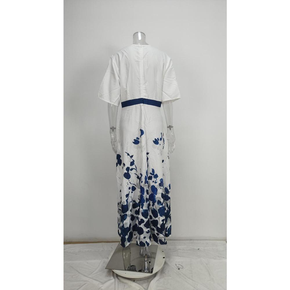 European and American Fashion Floral Print Elegant V Neck Tie Waist Maxi Dress Women