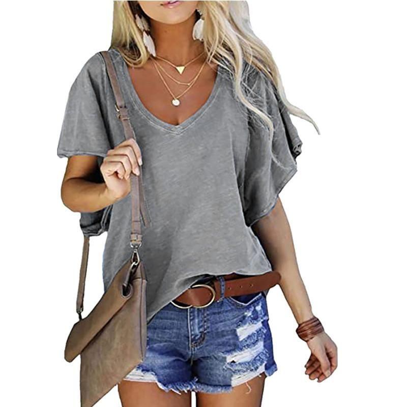 

2025 Solid Color Loose V-neck Short Sleeved Top T-shirt Gray M