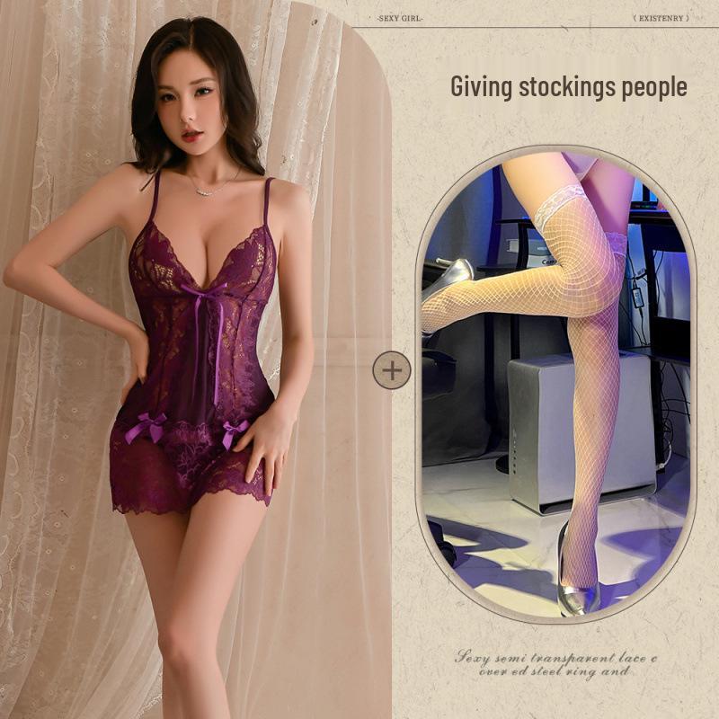 Tiefviolettes Spitzen-Cutout-Netz-Nachthemd mit Bindeband