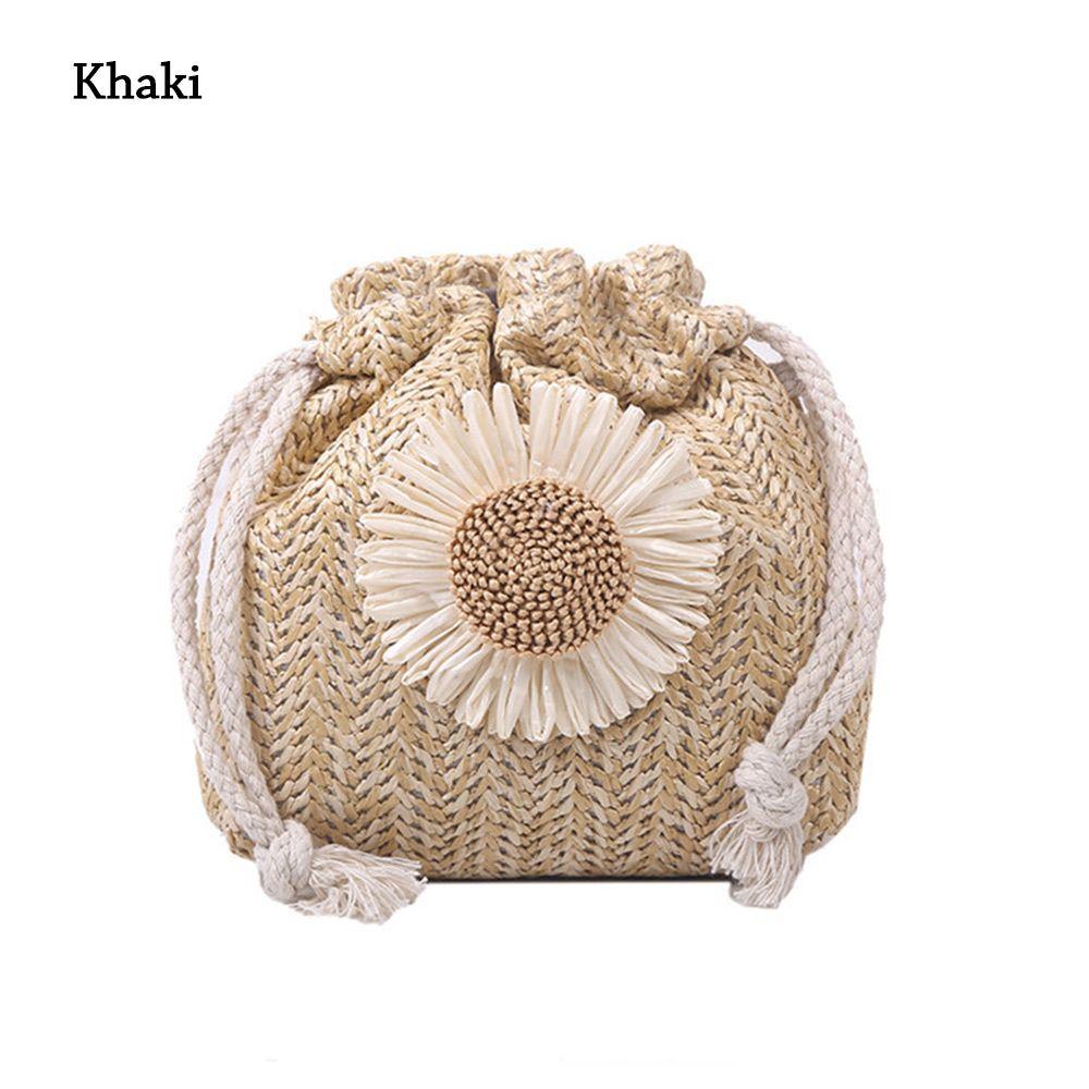 Women s Bag Beach Straw Bags Classic Texture Sunflower Drawstring Woven Bucket Bags Crossbody Shoulder Bag Messenger Handbags