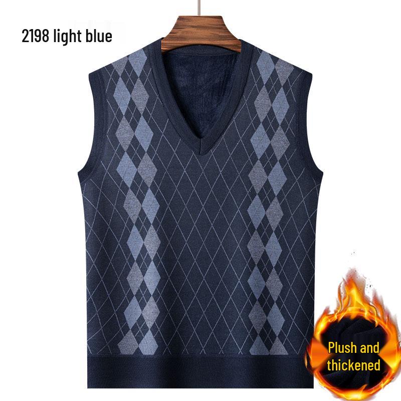 Dad's Fleece-Lined Sweater Vest: Warm Knitted Base Layer for Middle-aged and Elderly Men in Autumn and Winter.