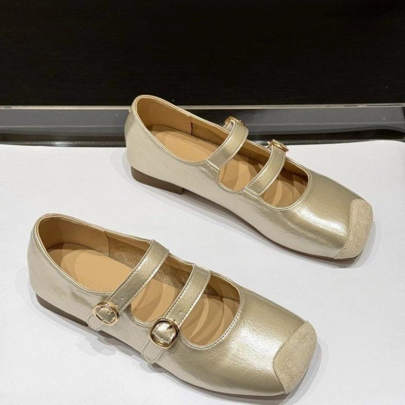 Soft-soled Soft-faced Low-heeled Single Shoes Autumn New Spliced Square-toe Shallow-mouth One-band Non-slip Low-top Shoes