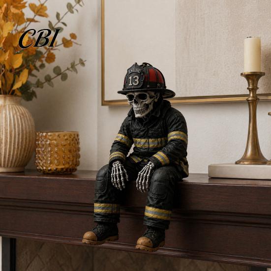 Vintage Resin Figurine Firefighter Skeleton Shelf Sitter Statue, with Realistic Gear & Distressed Wear-resistant Finish, Dark Industrial Desk