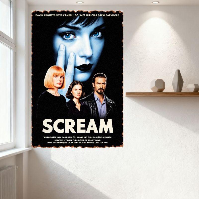 Scream Filmplansch Vintage Metallplåtskylt Skräckfilm Väggkonst David Arquette Neve Campbell Drew Barrymore Inredning för Hem Man