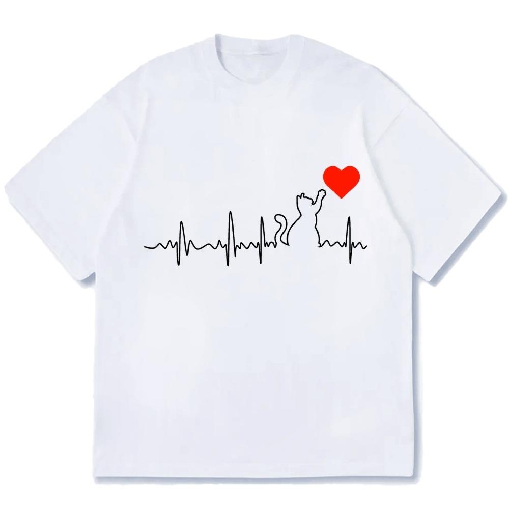 Fashion Cat Heartbeats Printed Cotton casual T-shirt Unisex Short Sleeve Round Neck Valentine's Day Couple Tees Tops