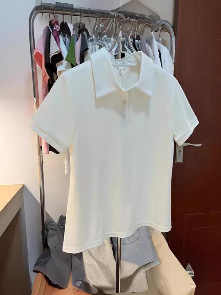 Women's Casual White Button-Up Polo Collar T-Shirt - Summer 2026 Stylish Versatile Short-Sleeved Top