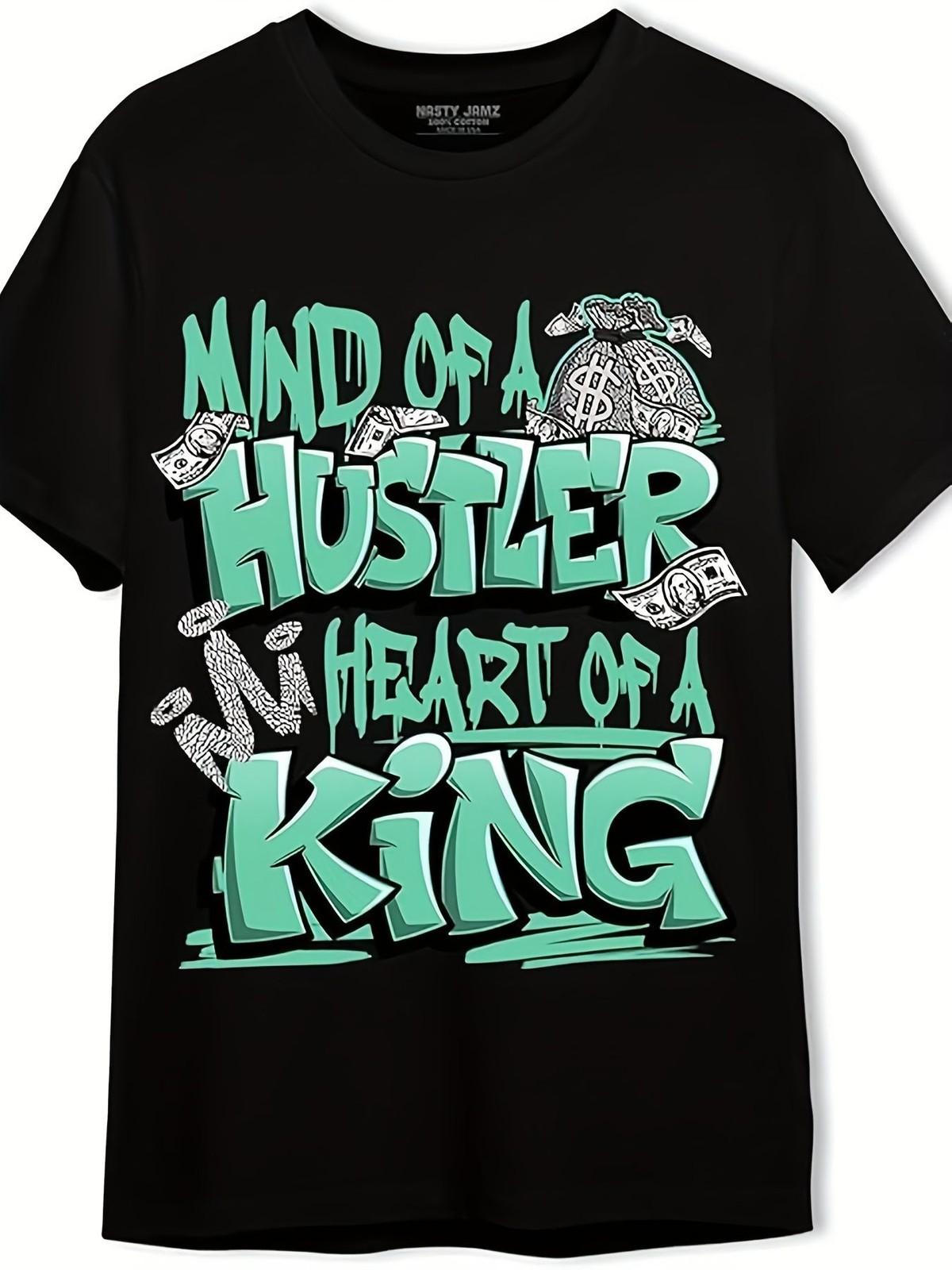 

[Plus Size T-Shirt] Black Urban Graphic Tee - MIND OF A HUSTLER HEART OF A KI 5XL різнокольоровий