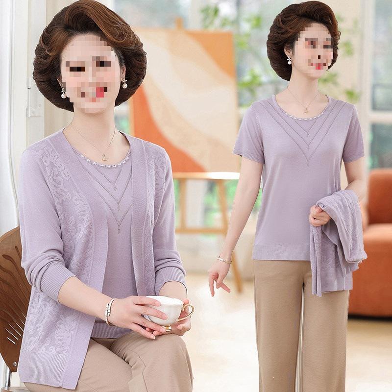 

Stylish Knitted Cardigan Jacket & Top Set for Women 2025 - Spring/Summer Fashion for Middle-aged and Elderly Moms. S (suitable for 80~95 jin)