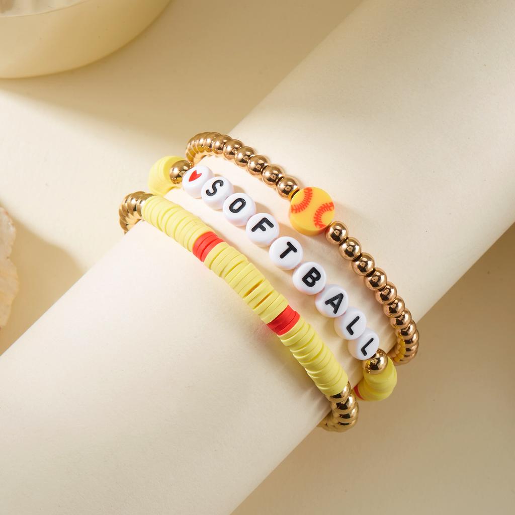 3 Pcs Football Basketball Baseball Volleyball Bracelet Soft Clay Pottery Gold Color Beads Bangle Unisex Student Sports Jewelry