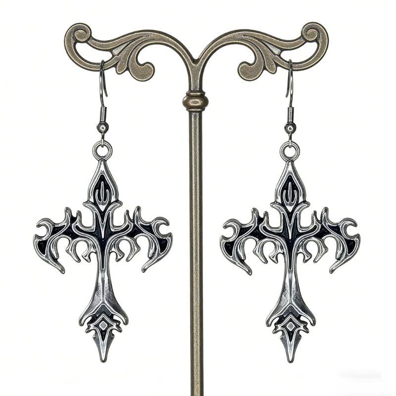 Gothic Flame Crosses Dangle Earrings Punk Rock Earrings Hip Hop Jewelry Alloy Texture Suitable for Women Men Present