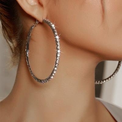 Large Crystal Hoops Earrings Exaggerated Round Earring Silver Circle Earring For Women Wedding Eagement Jewelry Luxury Ear Rings