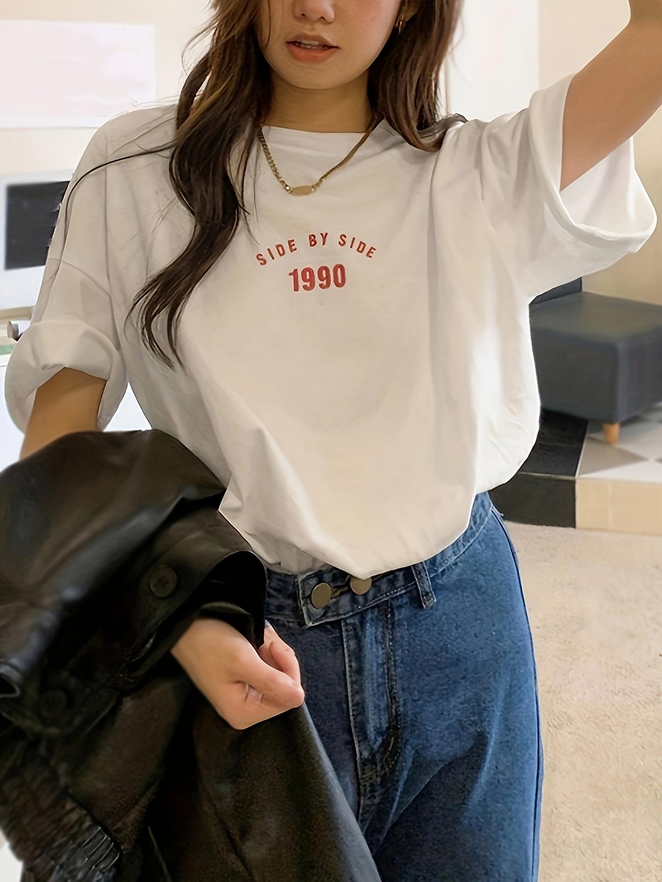 

Korean Style 1990 Side By Side Letter Printed Female TShirt Summer Casual Cotton T Shirt Fashion Loose Streetwear Women Tops S