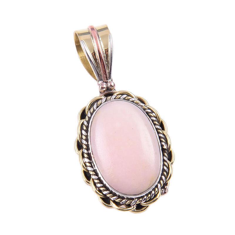 Natural Pink Opal Gemstone 925 Solid Sterling Silver Two Tone Pendant 1.50" q1W89
