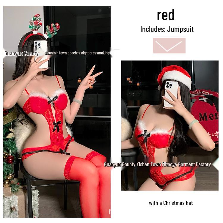 Festive Red Lace See-Through Bodysuit - Sexy Strappy Lingerie for Holidays