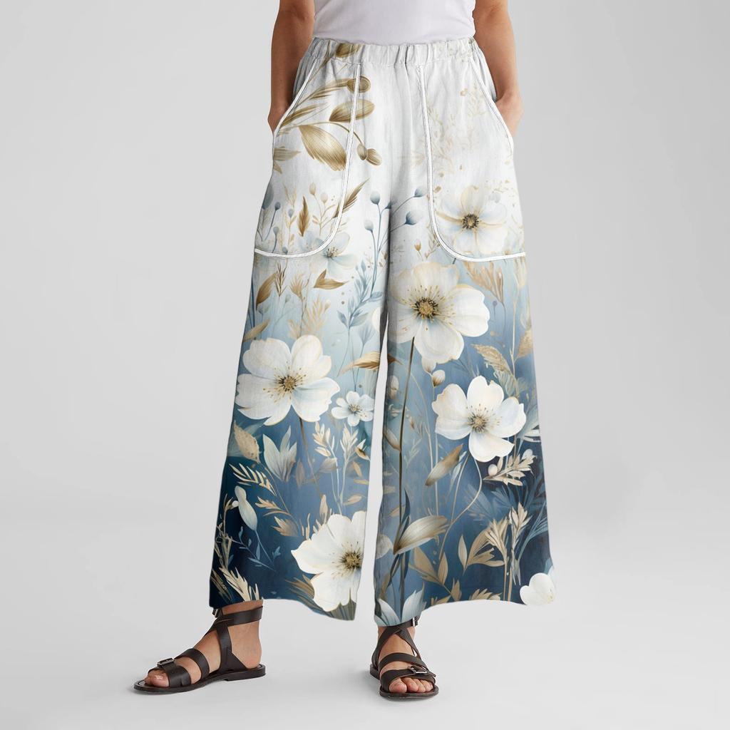 Women's Wide Leg Pants With Elastic Waistband, Retro Printed Large Pockets, Patchwork Loose Pants