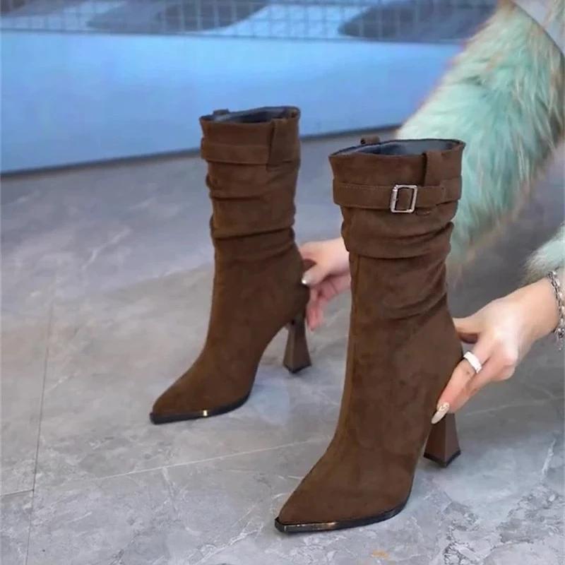 Fashion Pleated High-heeled Mid-calf Boots for Women 2025 autumn/Winter New Style Pointed-toe Stiletto Boots, Elegant Short Boots