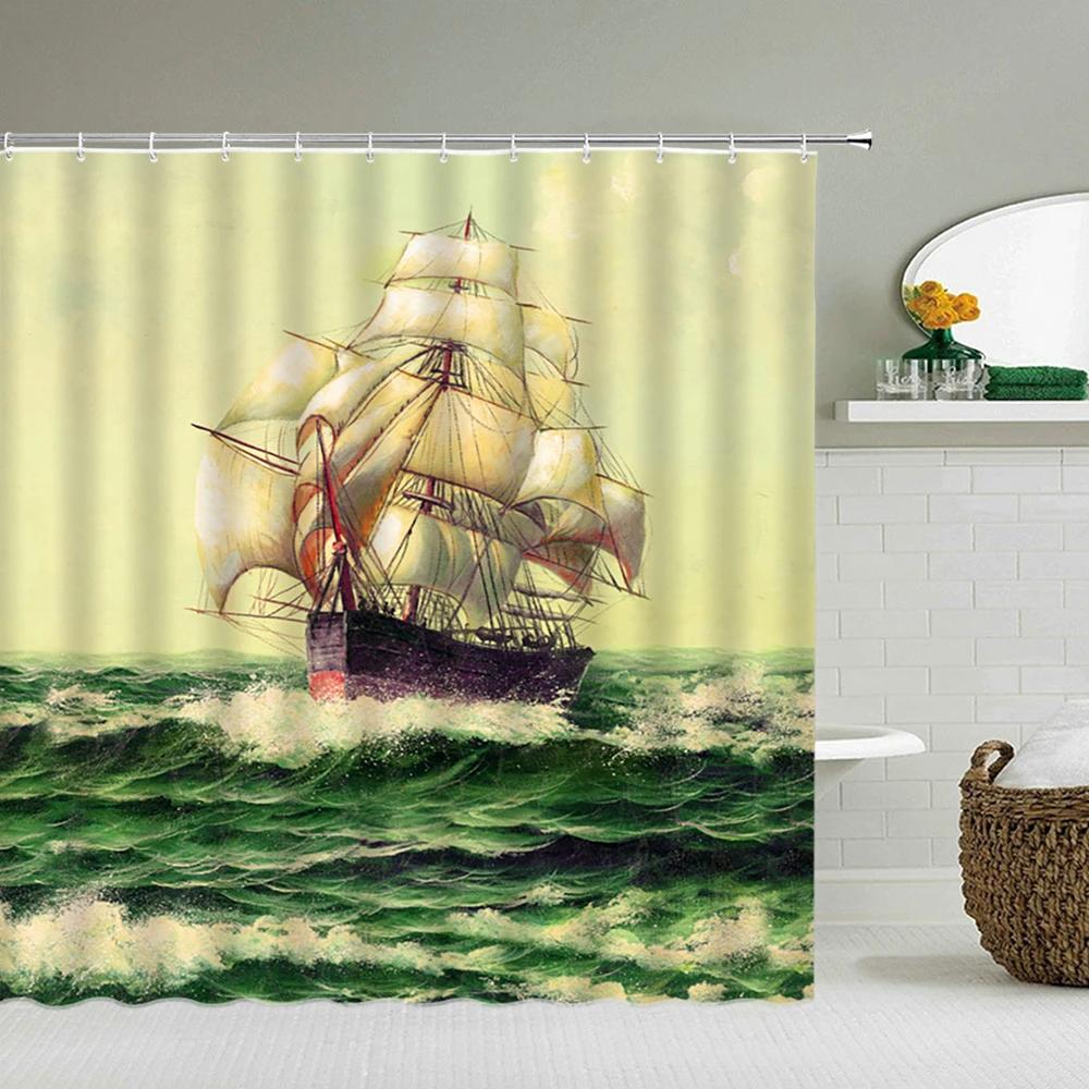 Sailboat Waterproof Bathroom Shower Curtains Sea Navigation Bath Curtains 3d Printing With Hooks 180*180cm Washable Cloth