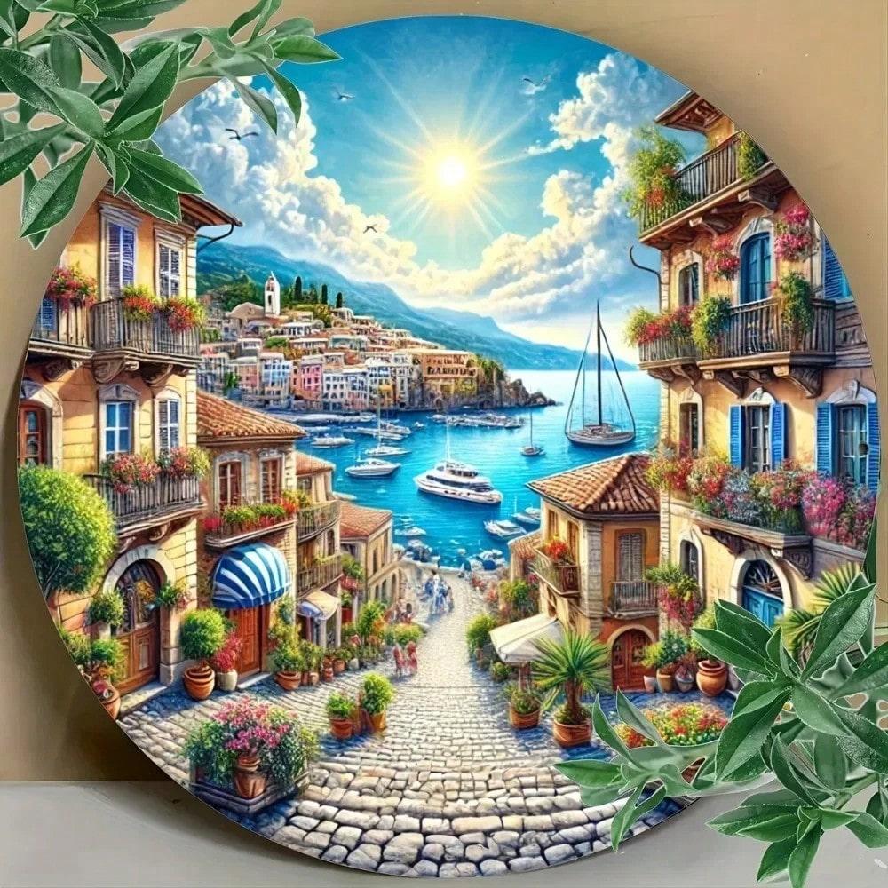 Fantasy Fairy Tale Village Metal Wall Art 8x8 Round Sign Whimsical Home Decor Cute Tin Sign for Living Room Bedroom