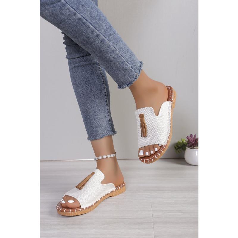 Women's Plus Size Peep Toe Tassel Flat Sandals, Casual Summer Slide Shoes