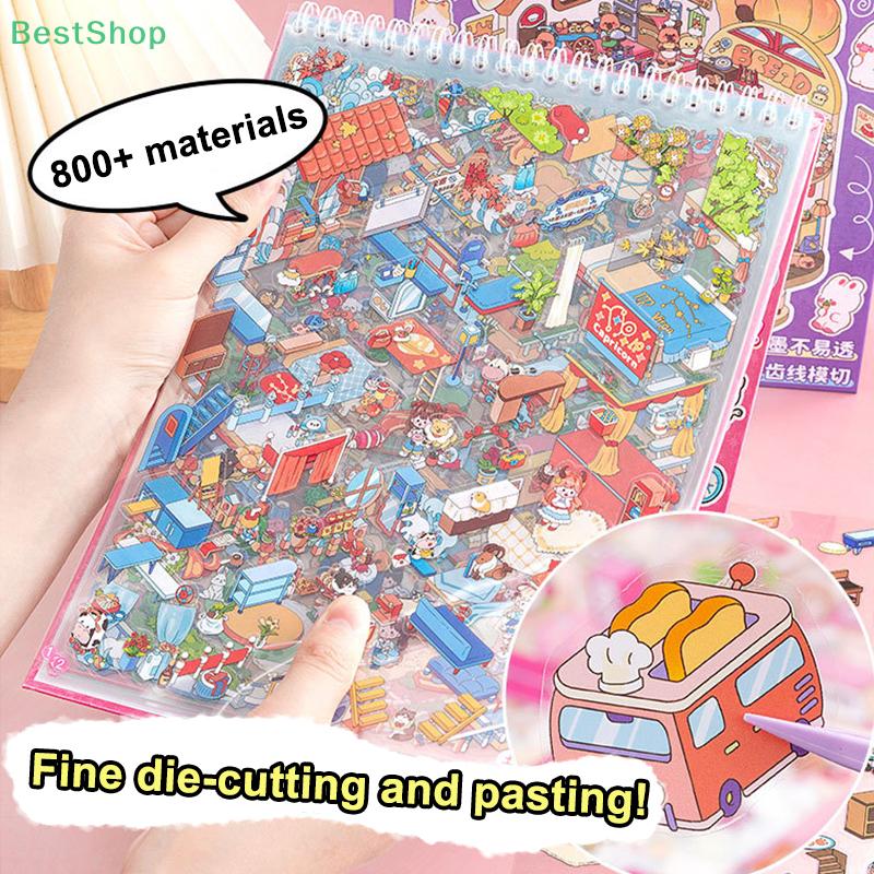Large Miniature Scene Collection Coil Landscaping Sticker DIY Toy Game Books 3D Sticker Cabin Scene