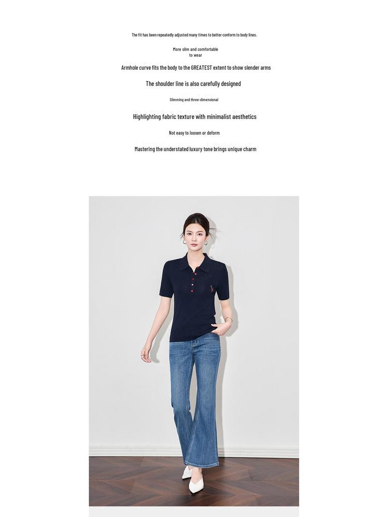 Exquisite French-Style Flamingo Embroidered Turn-Down Collar Knit Top for Women - New Summer Short Sleeve Fashion