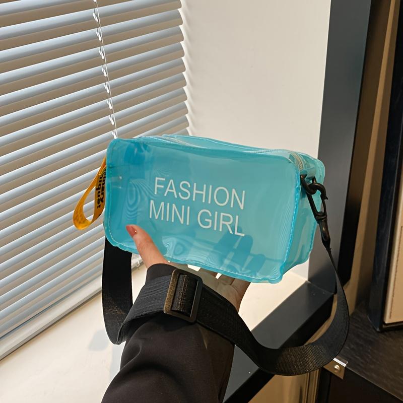 Trendy Jelly Handbag Fashion Letter Small Square Bag Transparent Jelly Bag Single Shoulder Handbag Simple Adjustable Strap Crossbody Bag