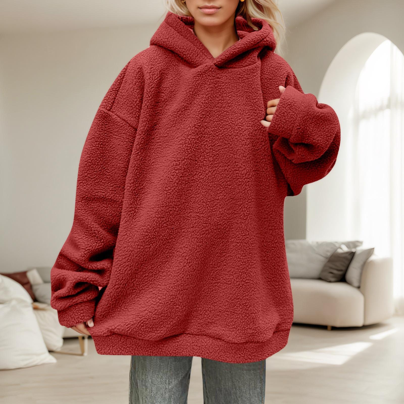 

Женская повседневная модная однотонная толстовка с длинными рукавами и капюшоном XL красный