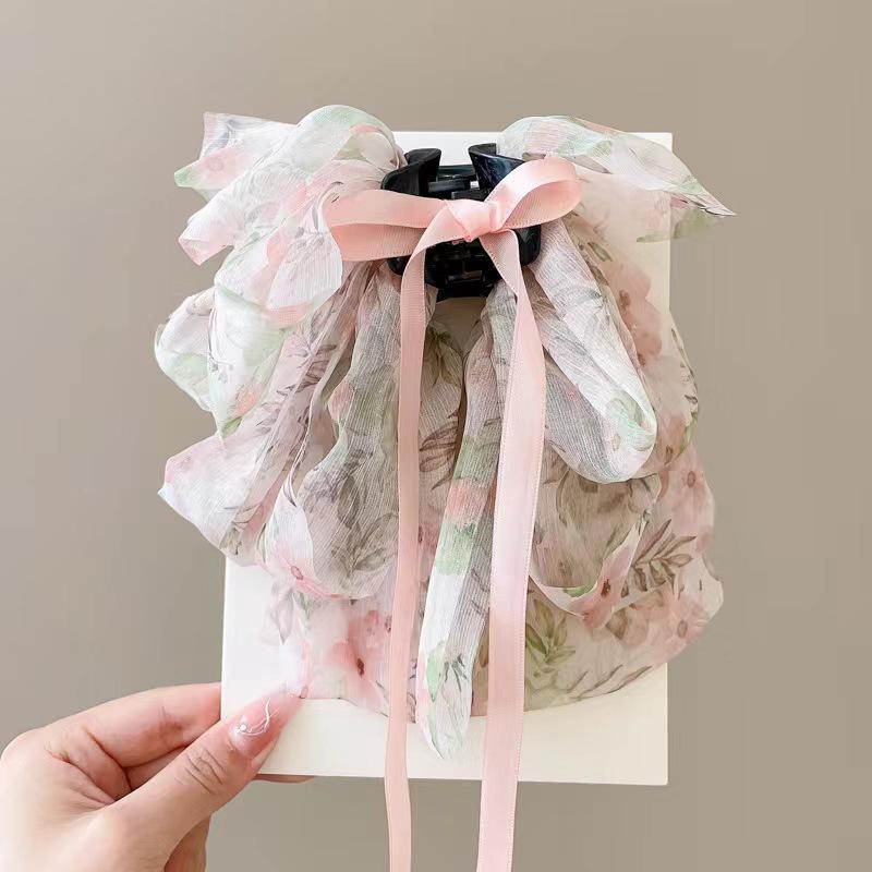 Французская ретро цветочная заколка-коготь с бантом: Высококачественный сказочный корейский стиль аксессуар для волос розовый/цветочный