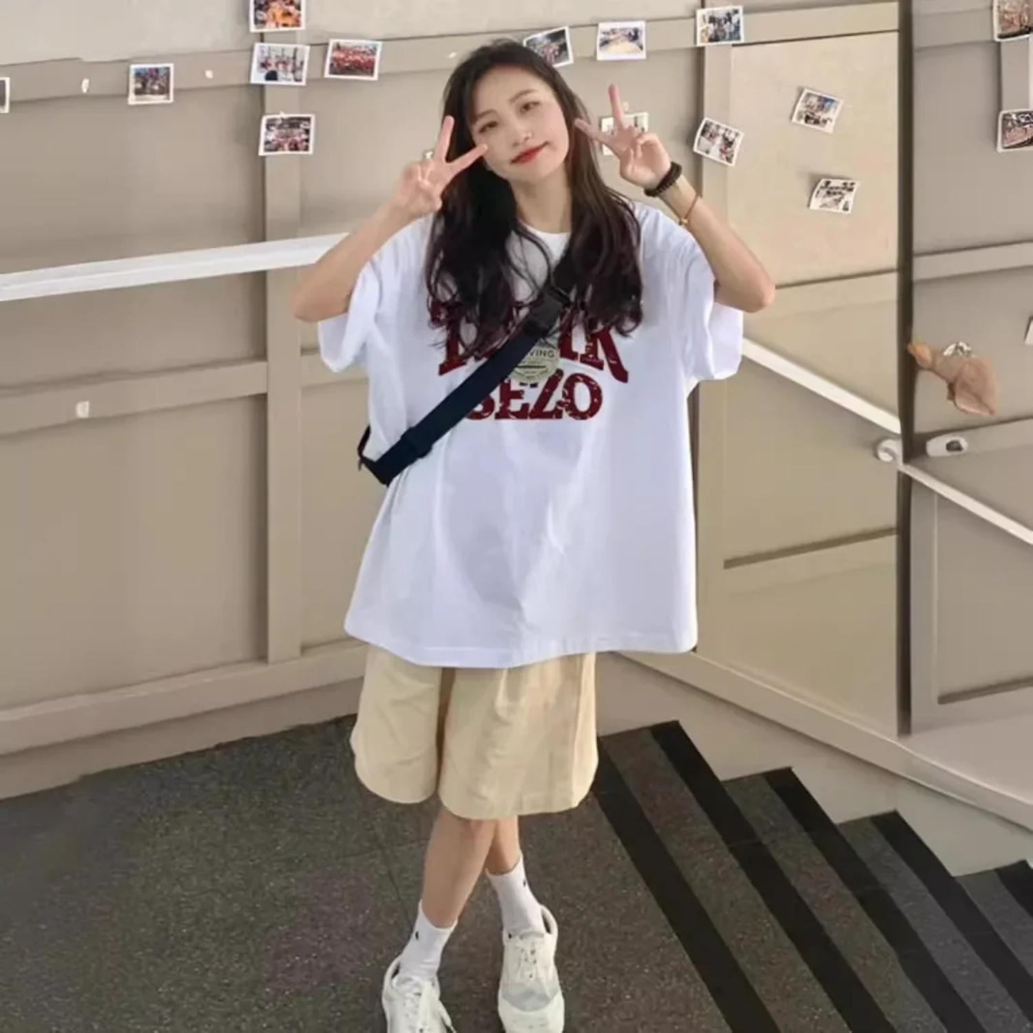 

American Retro Heavyweight Pure Cotton plus Size Short Sleeve T-Shirt Women Summer Loose Shoulder Appropriate 2-300 Pounds Top XXXXXL білий