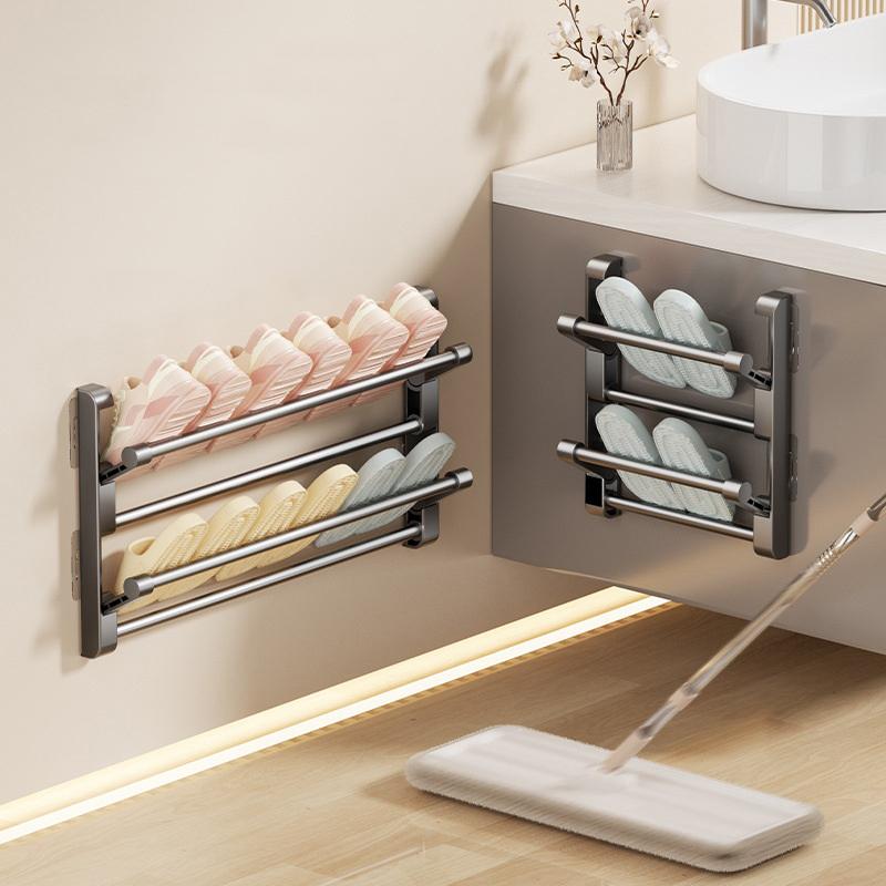 Badezimmer-Pantoffelregal, Wandmontiert, Ohne Bohren, Schuhregal Hinter der Badezimmertür, Entwässernd, Mehrschichtig, Faltbar, Schuhaufbewahrung