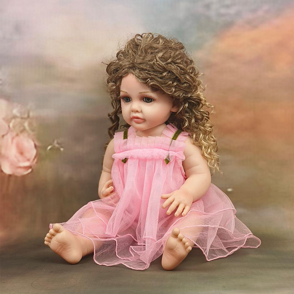 

Кукла реборн 55 см, реалистичная виниловая кукла-девочка с кудрявыми волосами, кудрявые локоны, милашка, в розовом платье розовый