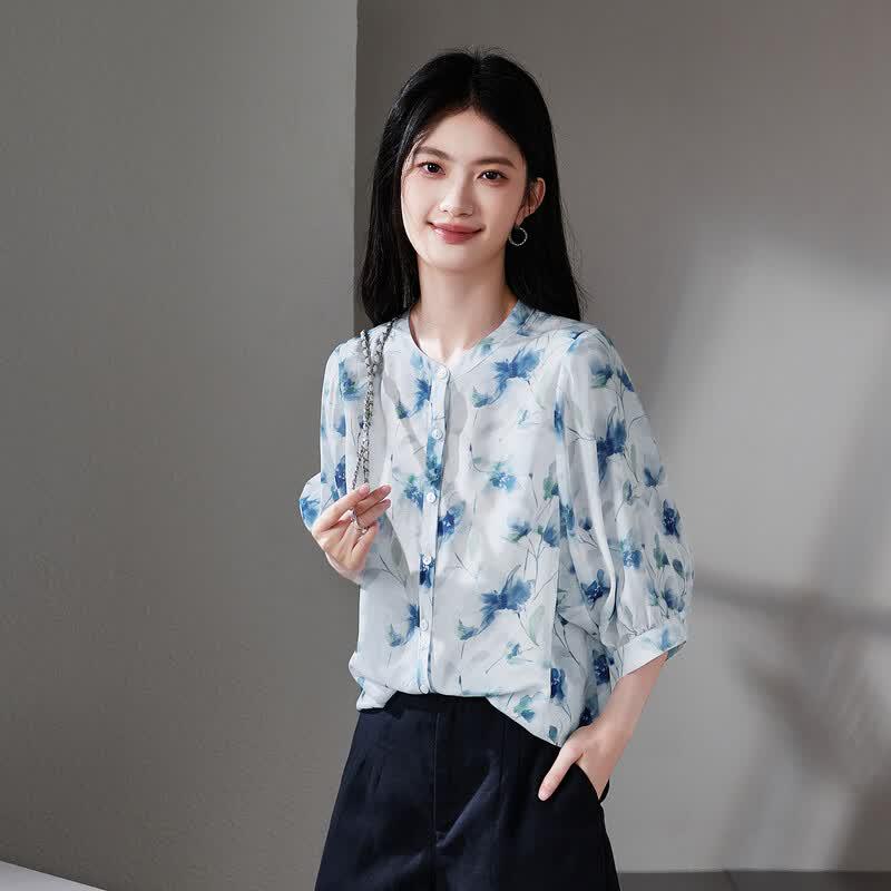 SOFSIL Women s Ink Print Mulberry Silk Blouse M синий