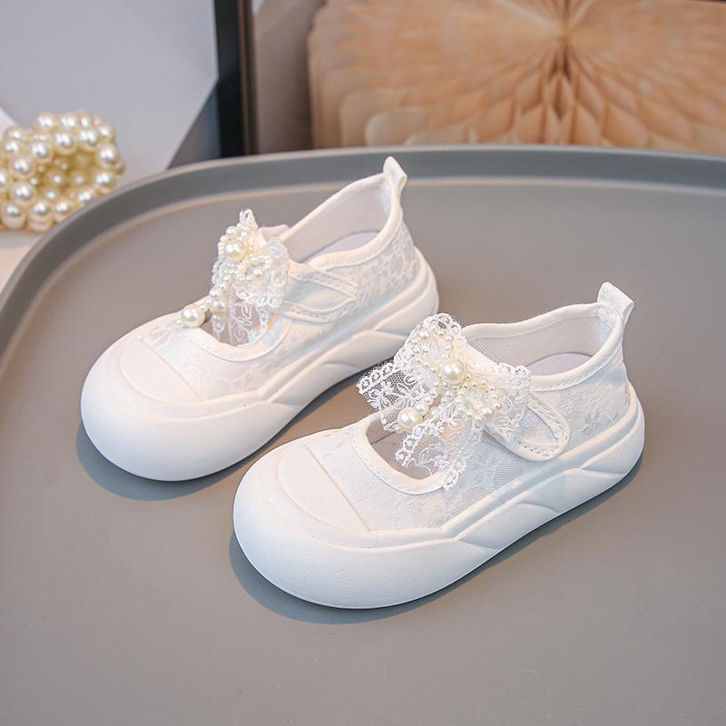 Spring Breathable Children Casual Canvas Shoes for Girls with Lace Bowtie Soft Sole Anti-slippery Toddler School Shoes White