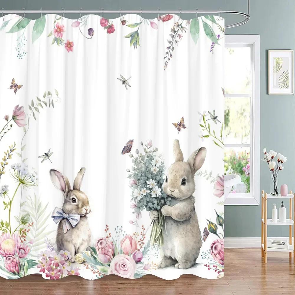 Easter Shower Curtain Cute Cartoon Bunny Watercolour Style Washable Polyester Fabric Shower Curtains Bathroom Decor With Hooks