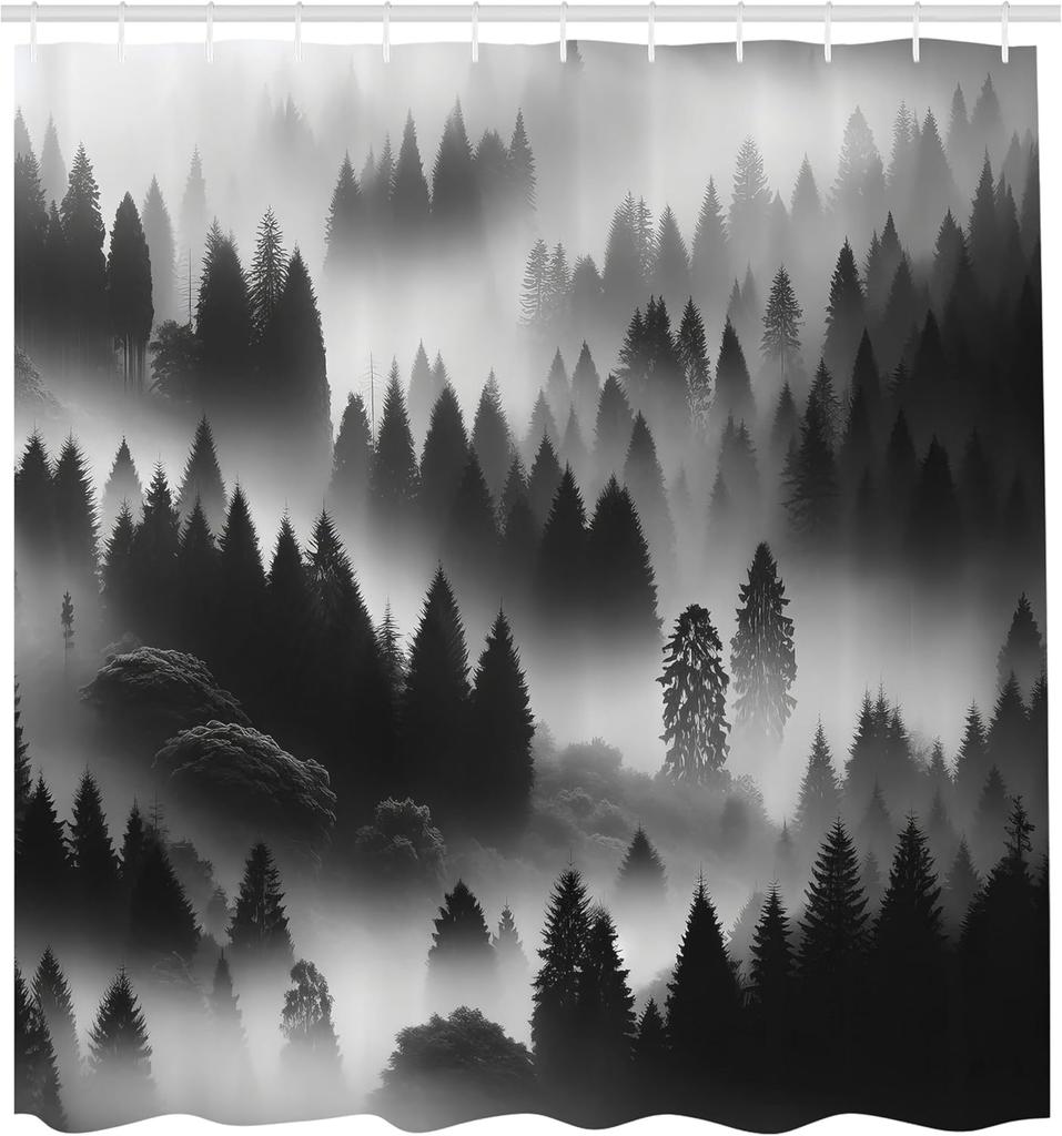 Black and White Shower Curtain, Wild Foggy Landscape of Misty Mountain Forest with Dense Trees, Cloth Fabric Bathroom